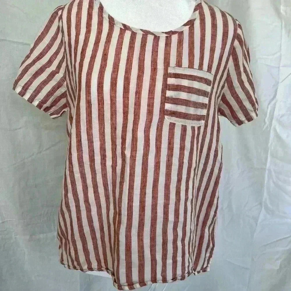Christian Siriano Tops - Christian Siriano striped linen short-sleeved crew neck blouse with pocket.